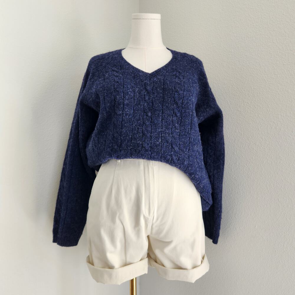 Vintage 90s Navy Wool Cable Knit V Neck Pullover Sweater Express Bleus Preppy L